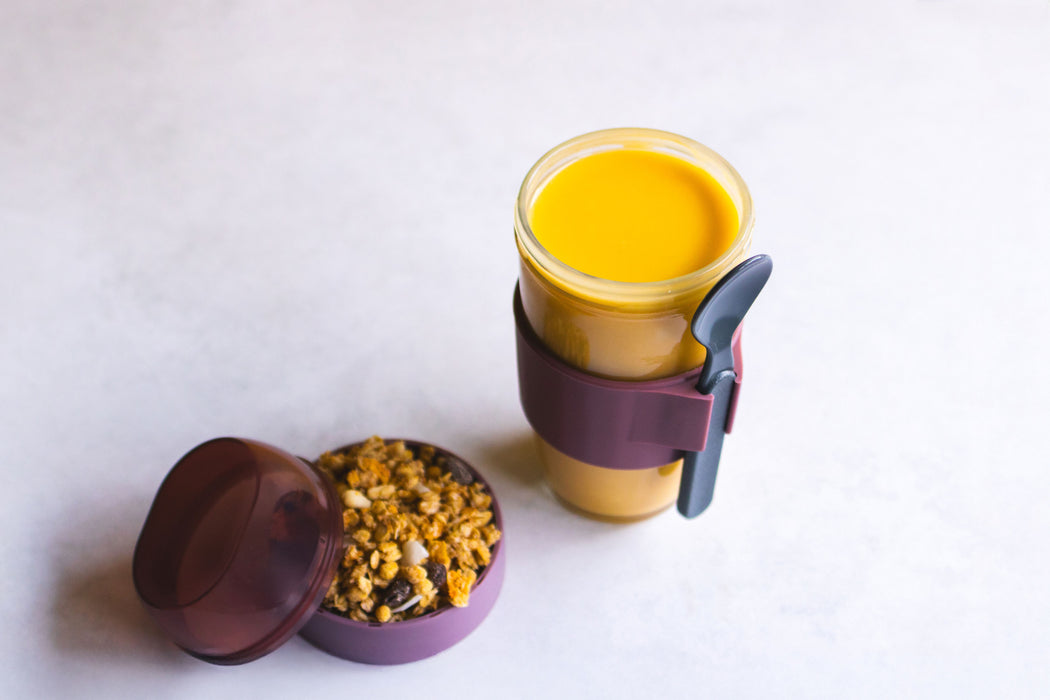 Consol Glass Lugo Cup with Plum Lid & Spoon 480ml